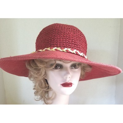 Red Casual Large Brim Hat with Red and Off White Woven Band Red Hat Garden   eb-25676293